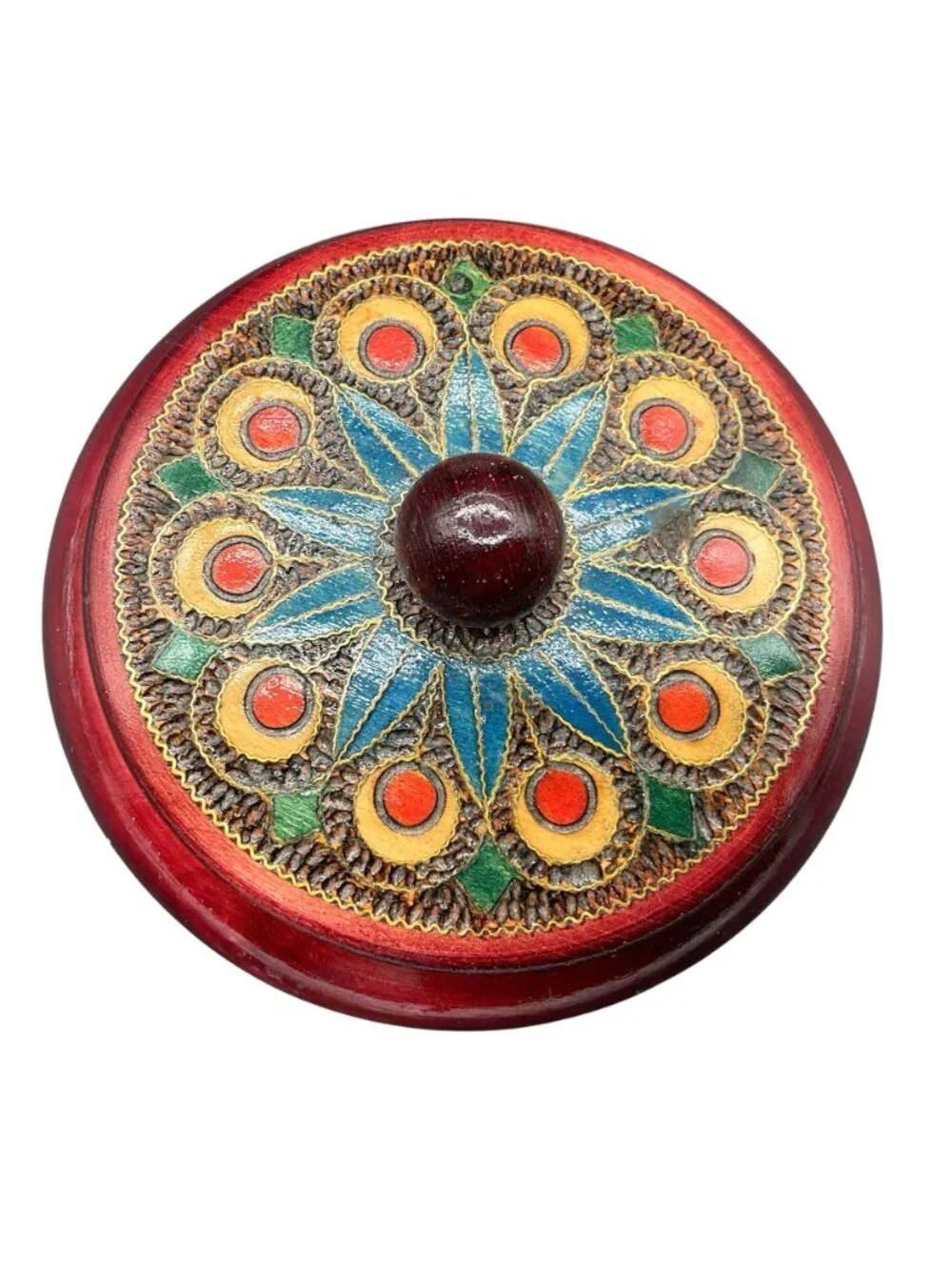 Hand Painted & Carved Red Wood Lacquered Lidded Bowl 3
